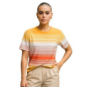 Liz Claiborne Liz Sport Womens Sz L Red Yellow Striped Short Sleeve Athletic Shi